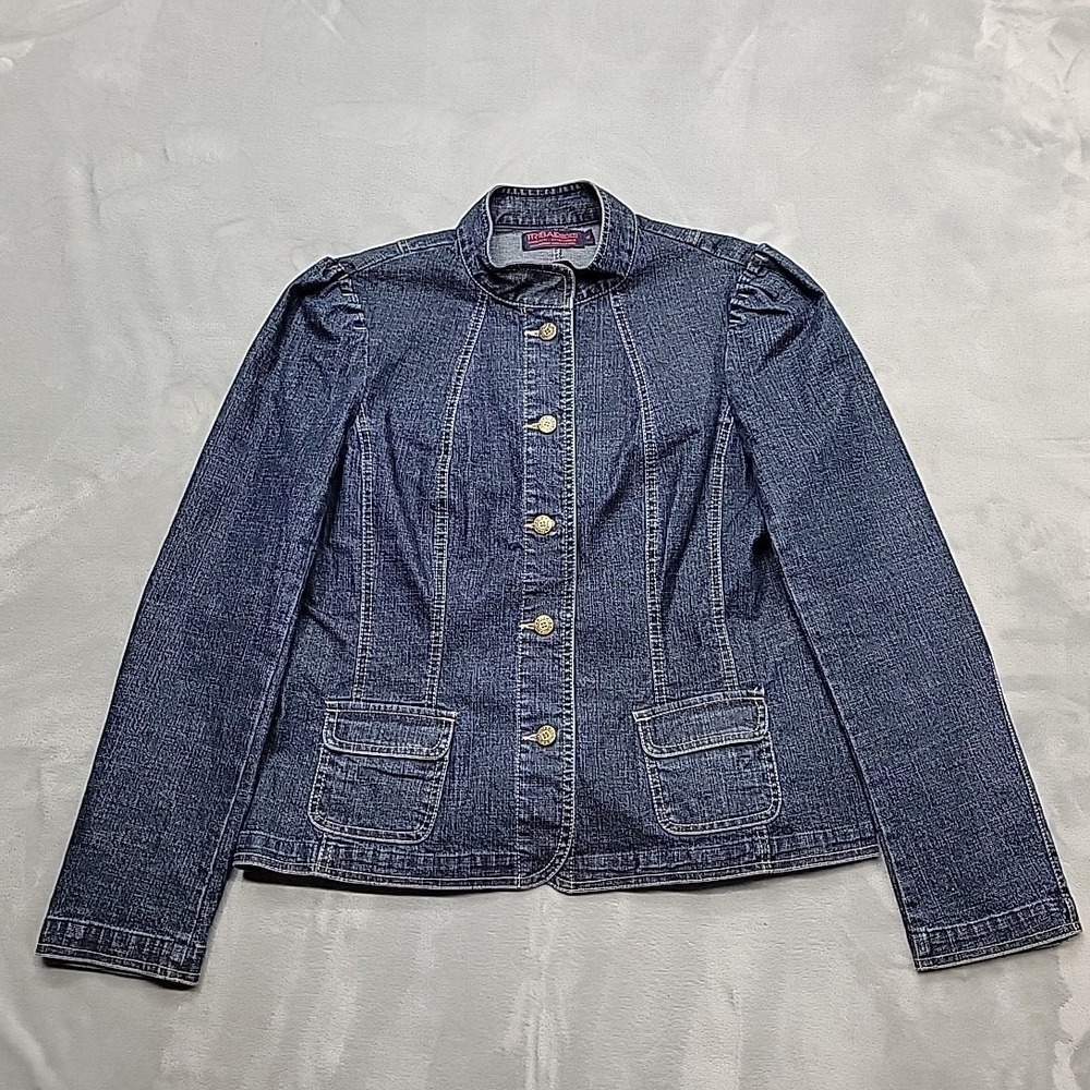 Tribal DenimJacket Womens 10 Blue Puff Sleeve Button Front Stretch Y2K Dark Wash